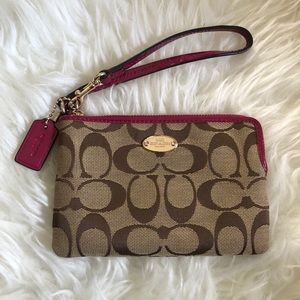 Coach | pink and khaki wristlet wallet